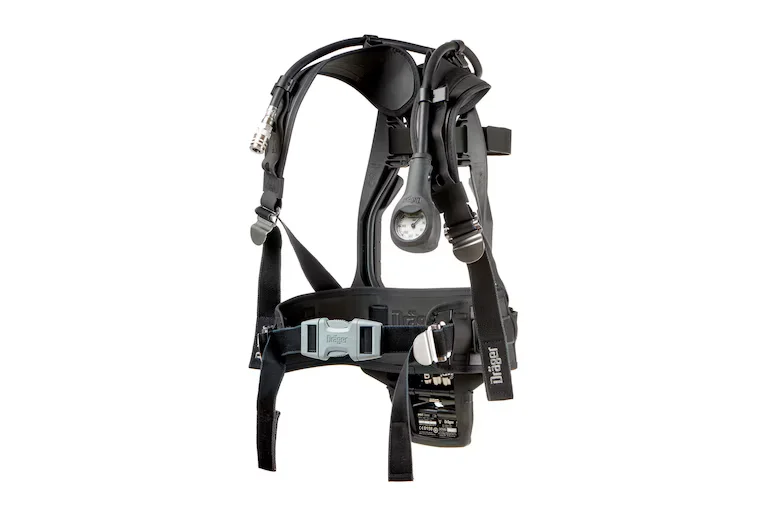 Dräger PSS 3000 SCBA with carbon composite backplate, yellow gauge, and black flame-retardant harness